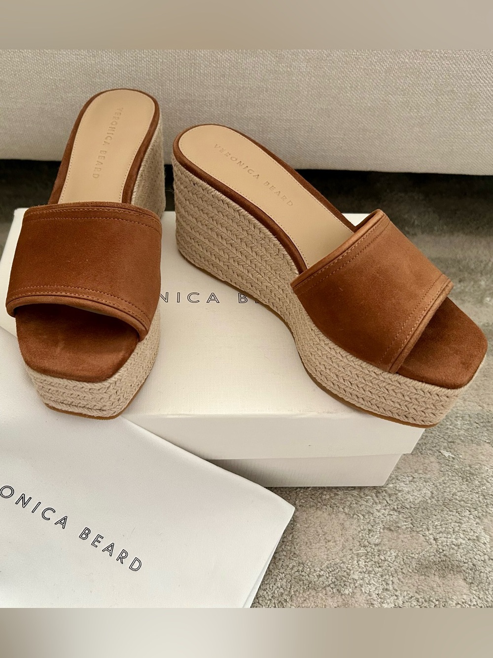 Veronica Beard Tan Suede Espadrille Wedge Slides, size 8, NWT